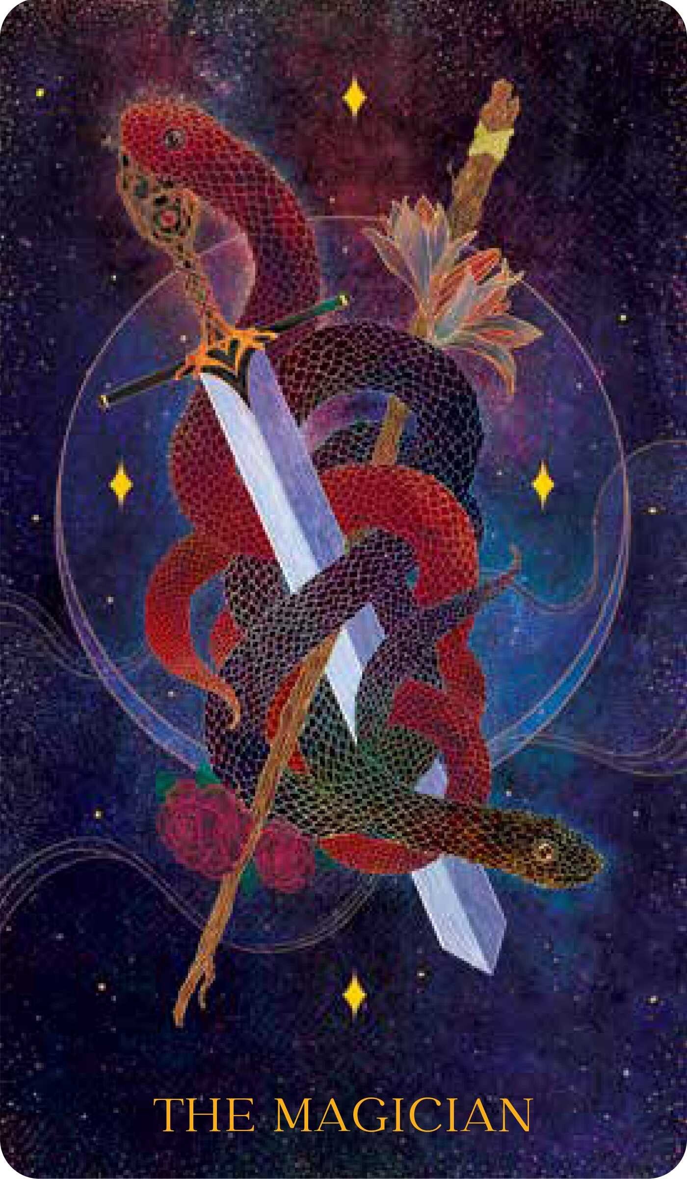 Tarot card featuring a snake holding a sword with a mystical background, titled 'The Magician'.