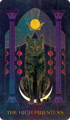 Tarot card featuring a wolf under a moonlit arch with 'The High Priestess' text.