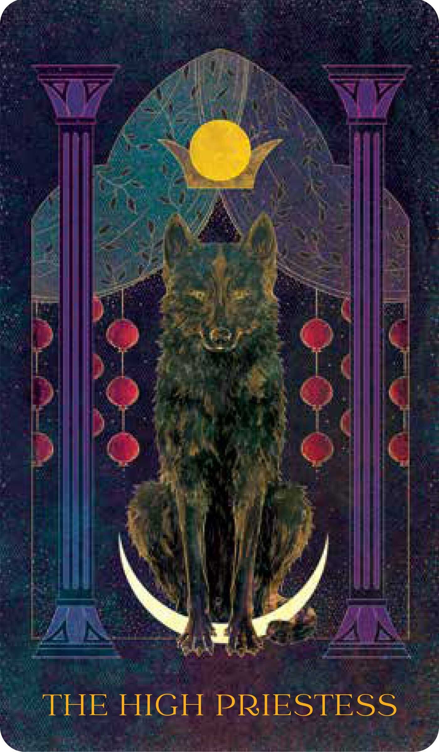 Tarot card featuring a wolf under a moonlit arch with 'The High Priestess' text.