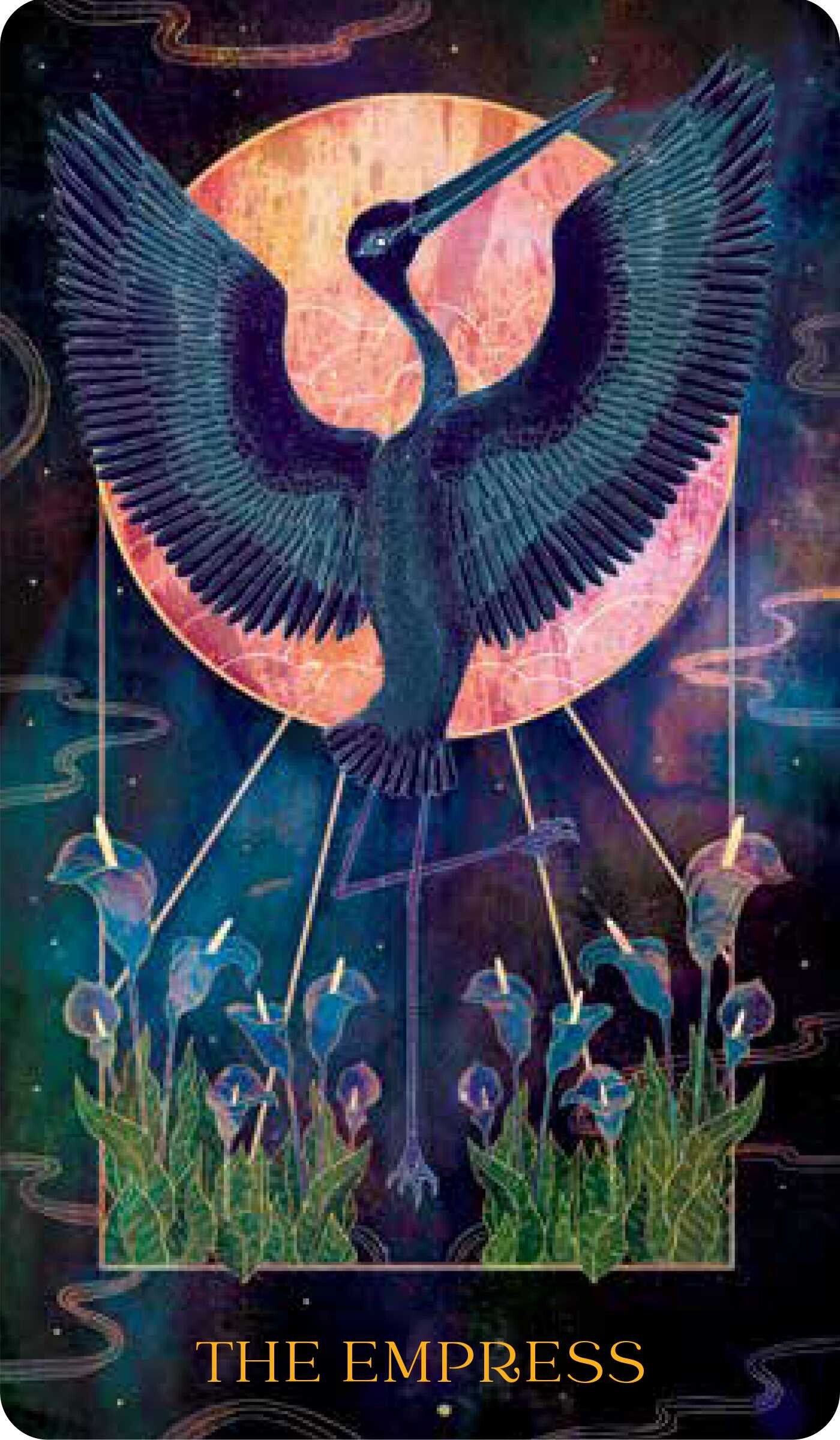 Card featuring a stylized bird with outstretched wings against a colorful background, labeled 'The Empress'.