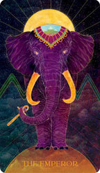 Card featuring a purple elephant with a yellow moon and mountain, labeled 'The Emperor'.