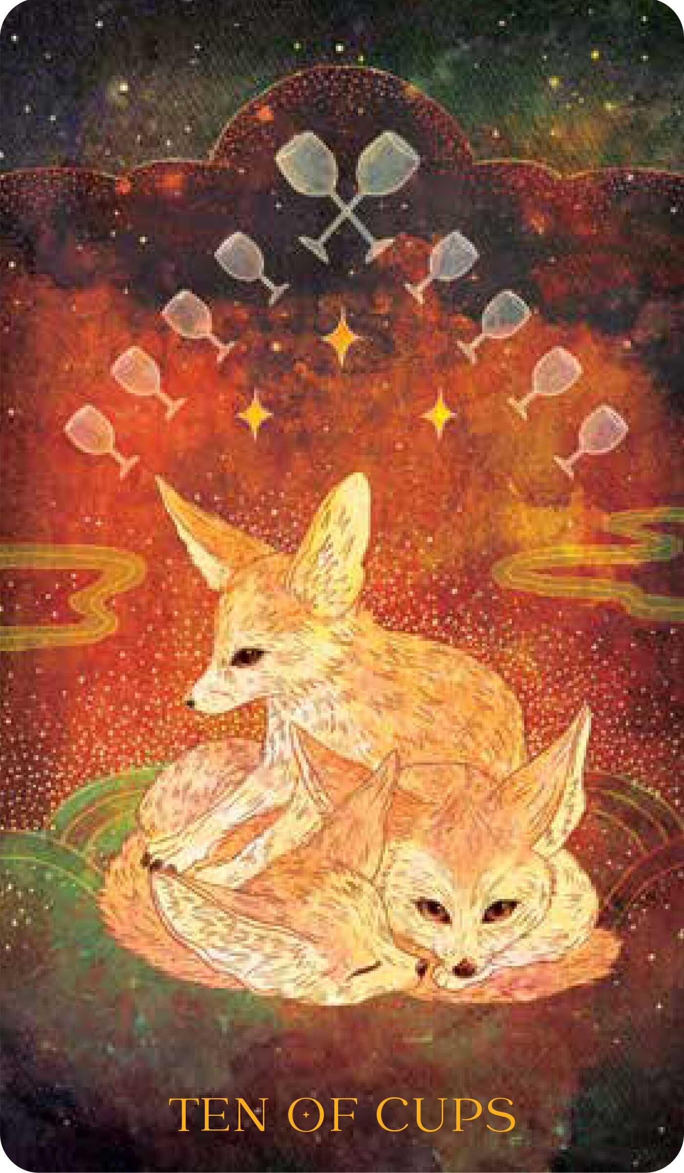 Card featuring two foxes under a starry sky with 'Ten of Cups' text.
