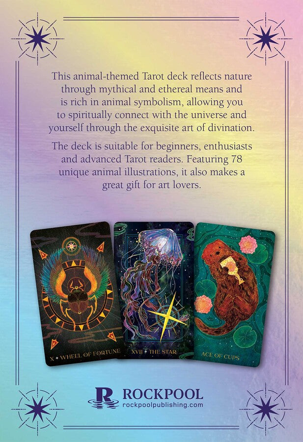 Three tarot cards with animal illustrations on a pastel background, featuring text about the tarot deck by Rockpool.