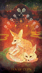 Two foxes under a starry sky with 'Ten of Cups' text, tarot card style.