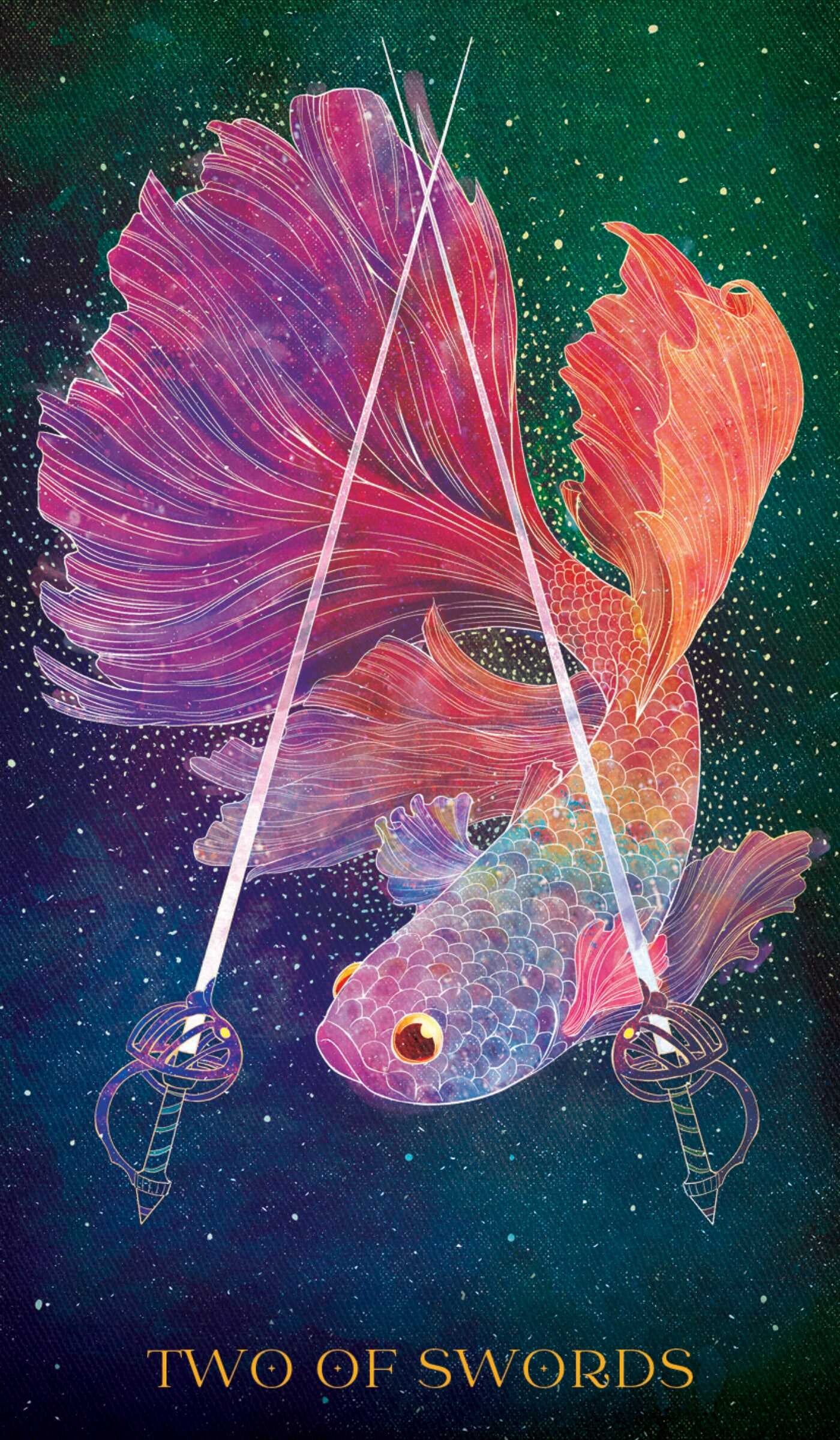 Two colorful fish with swords on a starry background, labeled 'Two of Swords'.