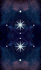 Two star-like geometric designs on a dark blue background