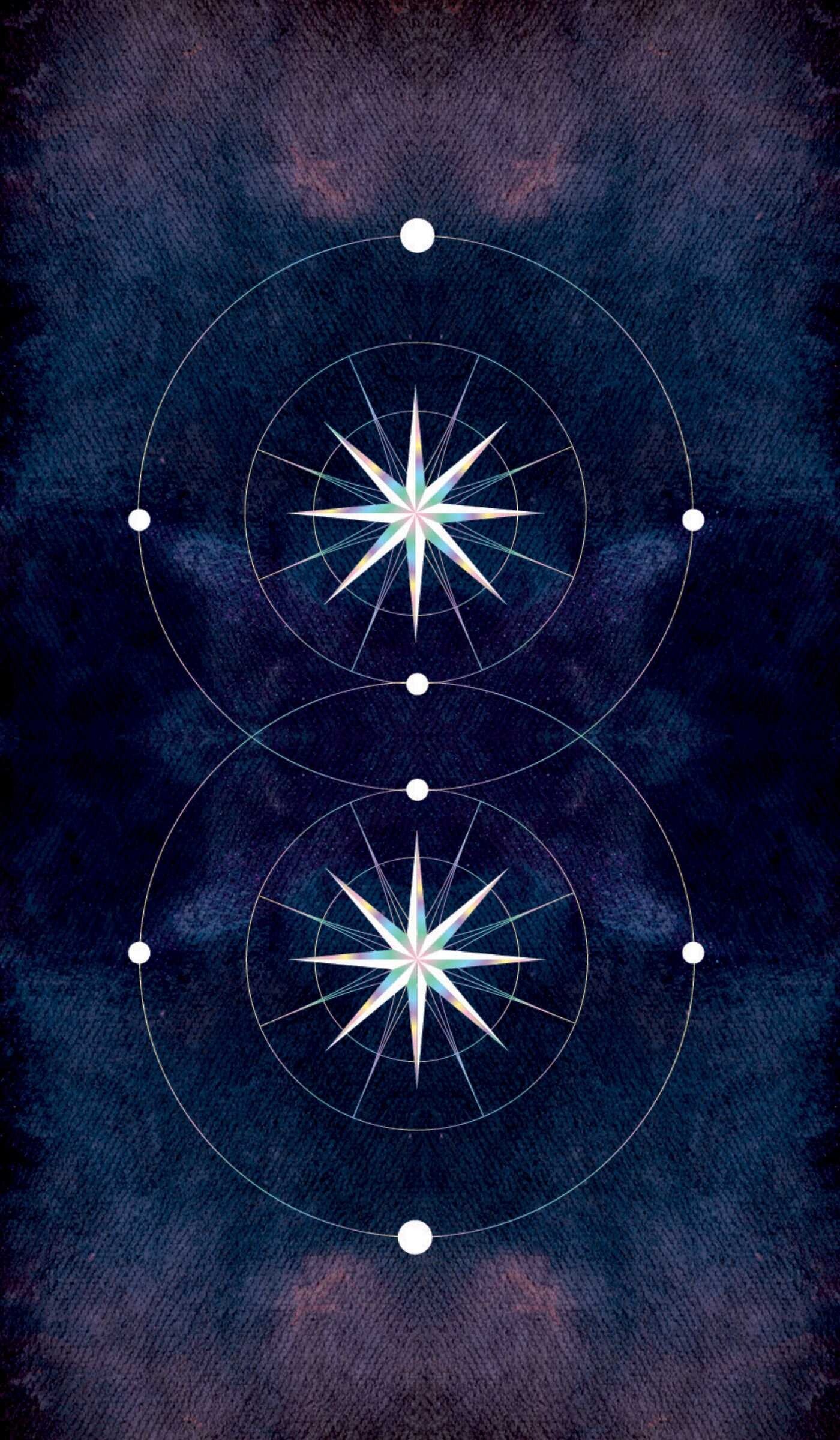 Two star-like geometric designs on a dark blue background