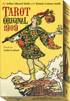 Box set cover of 'Tarot Original 1909' with illustration of a person in a costume against a yellow background.