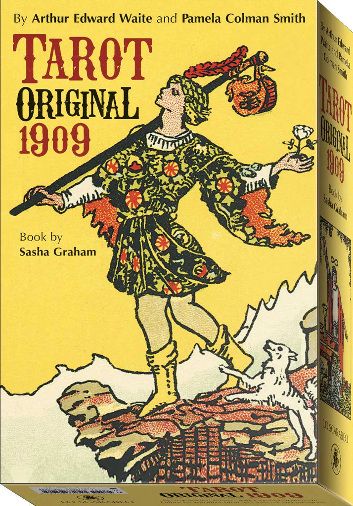 Box set cover of 'Tarot Original 1909' with illustration of a person in a costume against a yellow background.