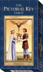 Tarot card box with illustration of two people holding cups and an eagle, on a blue background.
