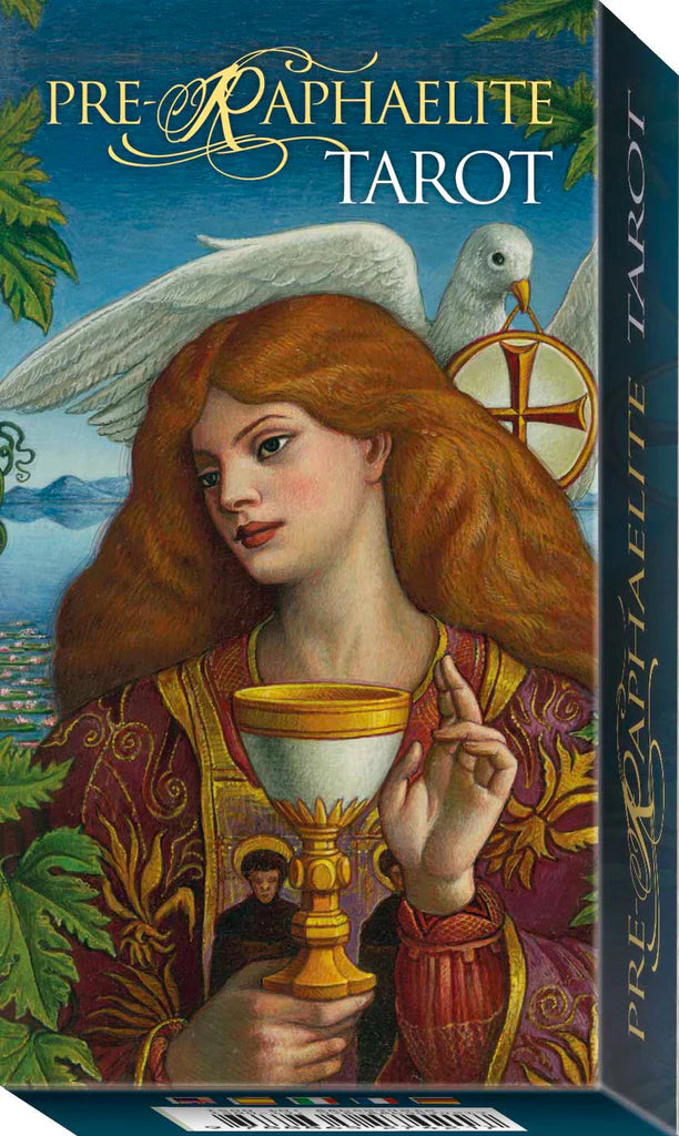 Pre-Raphaelite Tarot card box with an angelic figure holding a chalice.