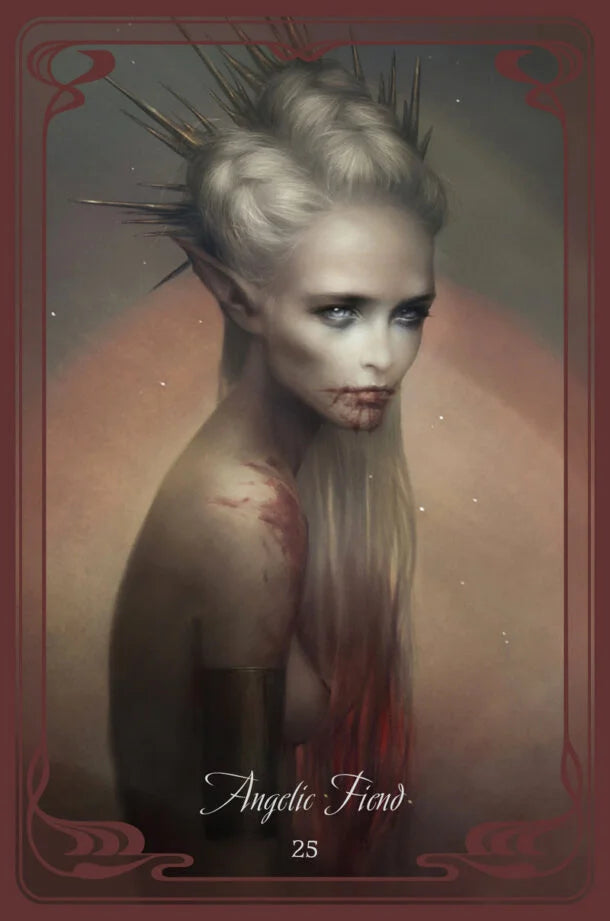Artistic depiction of a fantasy character with pointed ears and a red border, featuring the text 'Angelic Fiend' and number '25'.