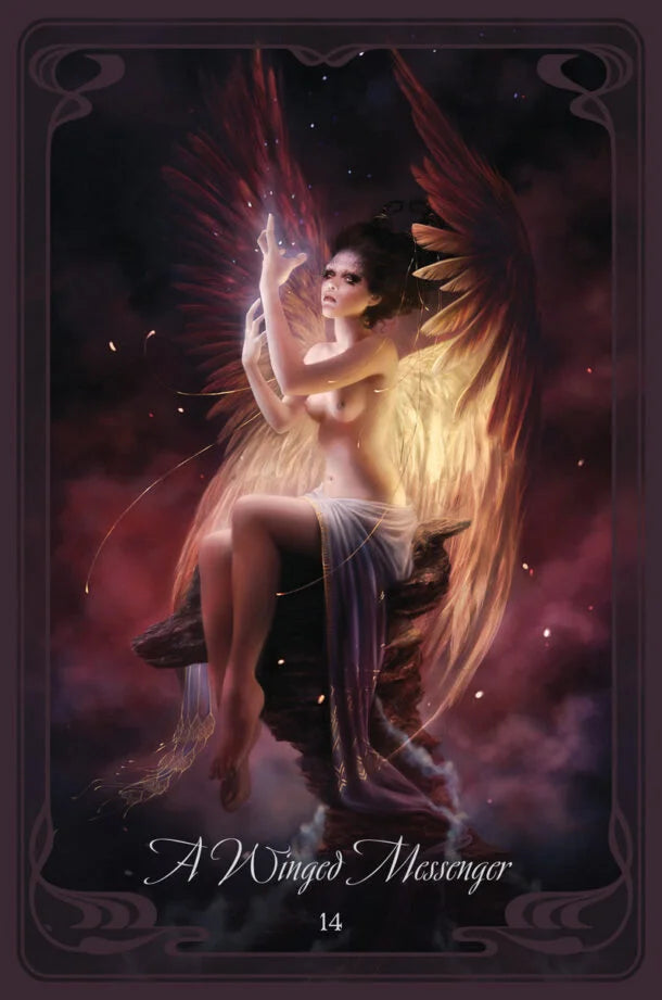 Artistic depiction of a winged messenger with a mystical background