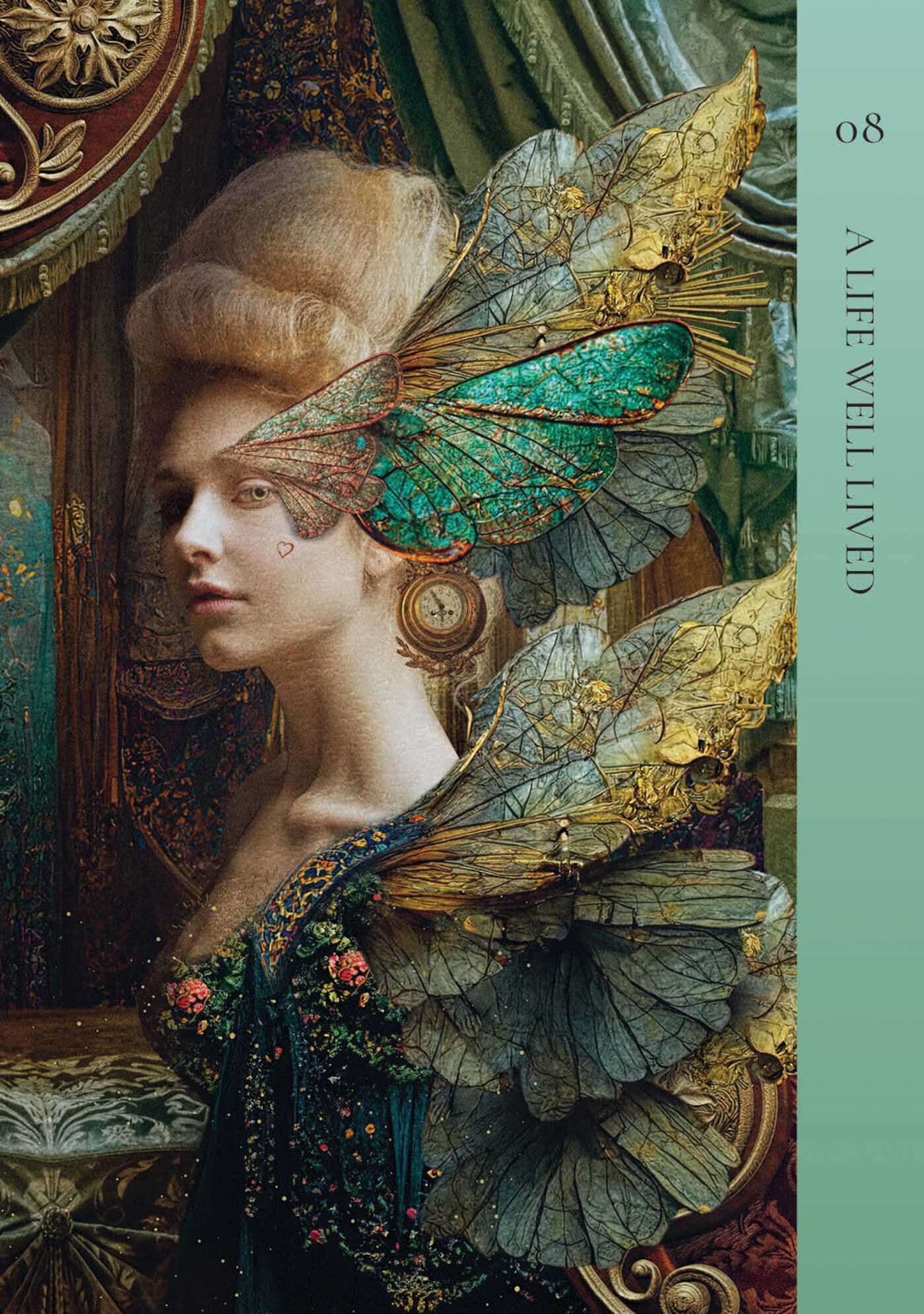 Book cover with a woman wearing butterfly wings in an ornate setting