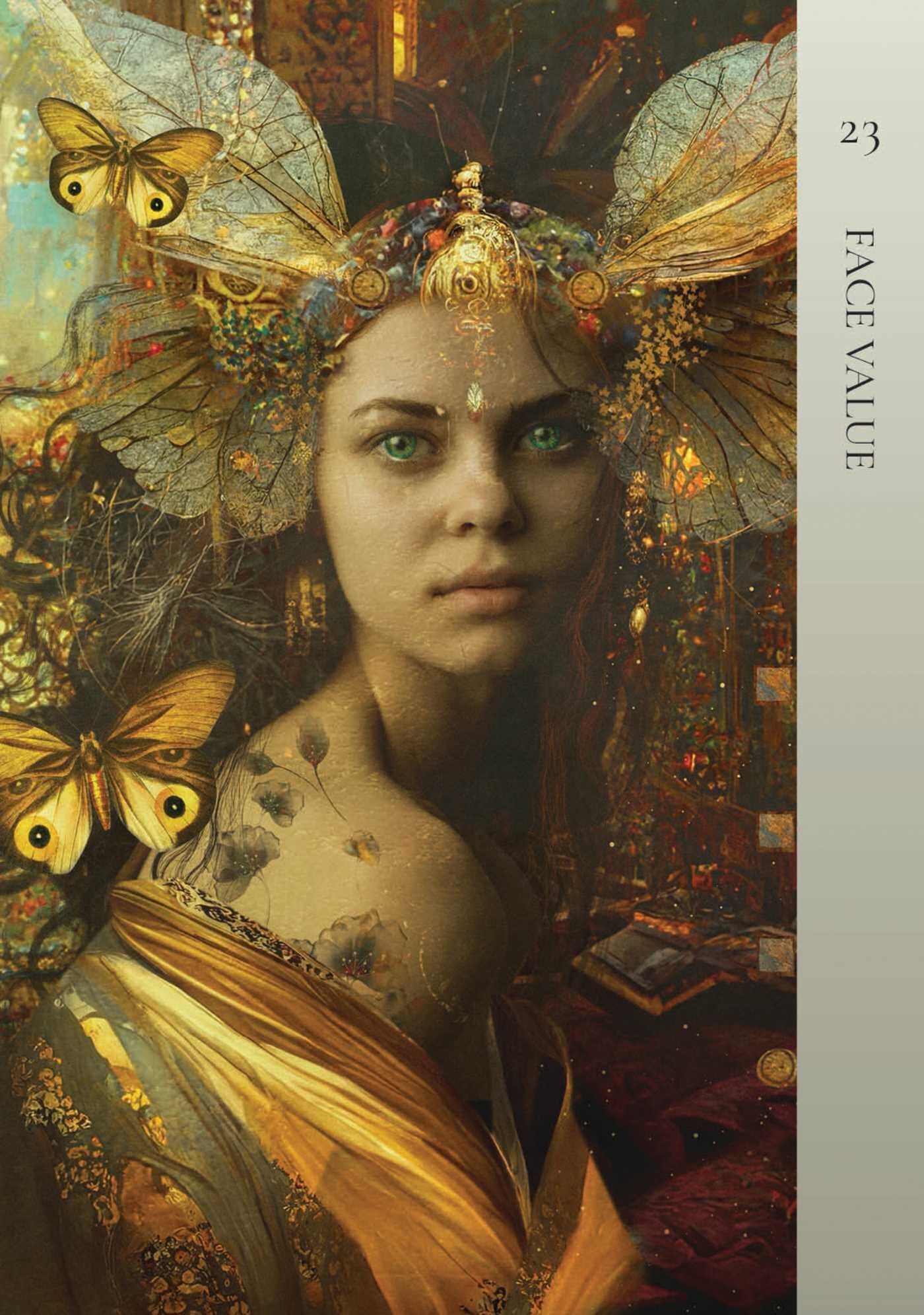 Artistic portrait of a woman with butterfly wings and tattoos, featuring intricate details and a fantasy theme.