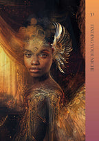 Artistic depiction of a person with angelic wings and ornate clothing against a warm-toned background.