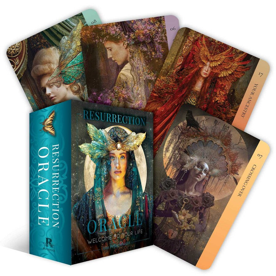 Resurrection Oracle cards with colorful designs and a prominent blue card.