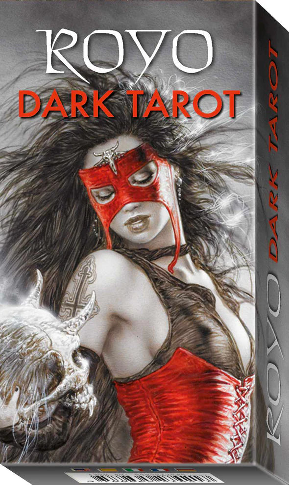 Dark Tarot card box with a woman in a red mask and wolf, featuring the brand 'Royo'.