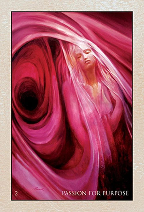 Artistic depiction of a woman enveloped in pink and red swirling fabric with text 'Passion for Purpose'.