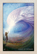 Artistic depiction of a person reaching towards a large, swirling celestial body with 'Hand of Fatimah' text at the bottom.