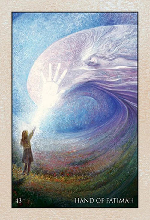 Artistic depiction of a person reaching towards a large, swirling celestial body with 'Hand of Fatimah' text at the bottom.
