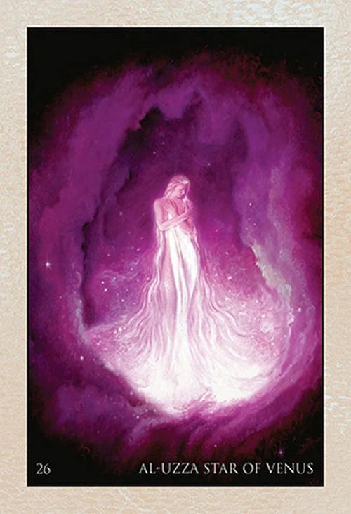 Card with a figure in a flowing white garment against a purple nebula, labeled 'Al-Uzza Star of Venus'.