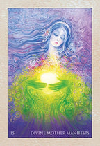 Artistic depiction of a woman with long hair and a glowing aura, labeled 'Divine Mother Manifests'.