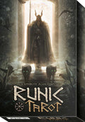 Cover of 'Runic Tarot' with a figure in a hooded cloak and horns standing in a doorway.