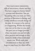 Text on a light gray background about shedding veils of uncertainty, shame, and fear.