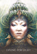 Artistic depiction of a person with elaborate headpiece and seahorses, titled 'Diving for Light'.