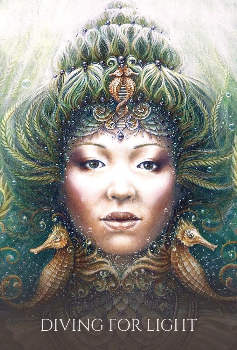 Artistic depiction of a person with elaborate headpiece and seahorses, titled 'Diving for Light'.