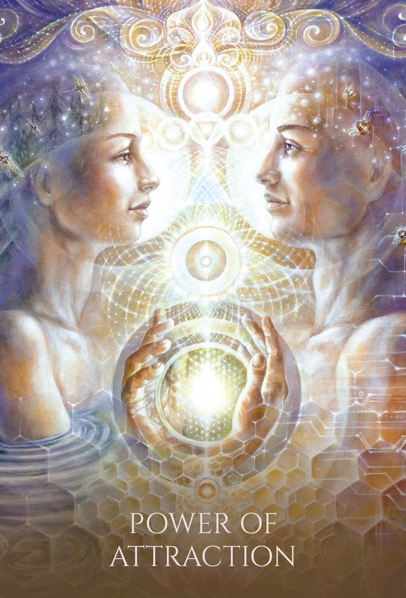 Two figures holding a glowing orb with 'Power of Attraction' text on a mystical background