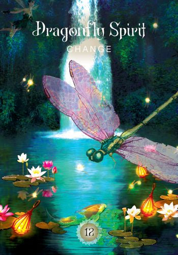 Dragonfly Spirit with a waterfall and lilies in a mystical setting