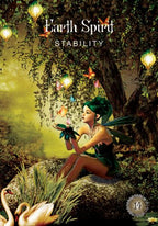 Fairy sitting on a rock with butterflies and lanterns in a forest setting, titled 'Earth Spirit Stability'.