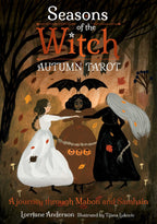 Book cover of 'Seasons of the Witch: Autumn Tarot' with three women in dresses and a bat, set against a dark background.