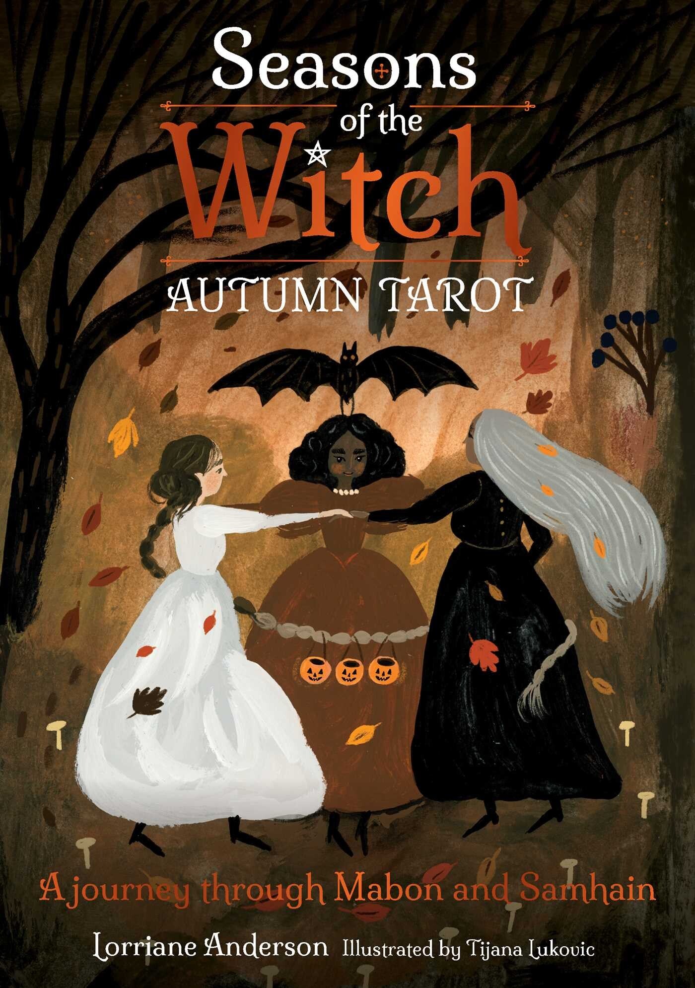 Book cover of 'Seasons of the Witch: Autumn Tarot' with three women in dresses and a bat, set against a dark background.