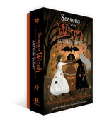 A boxed tarot card deck titled "Seasons of the Witch: Autumn Tarot" shown at a three-quarter angle on a white background. The box design is predominantly black with orange-red title text and an illustrated autumn scene featuring a witch, a cloaked figure, a cauldron, bats, and falling leaves.