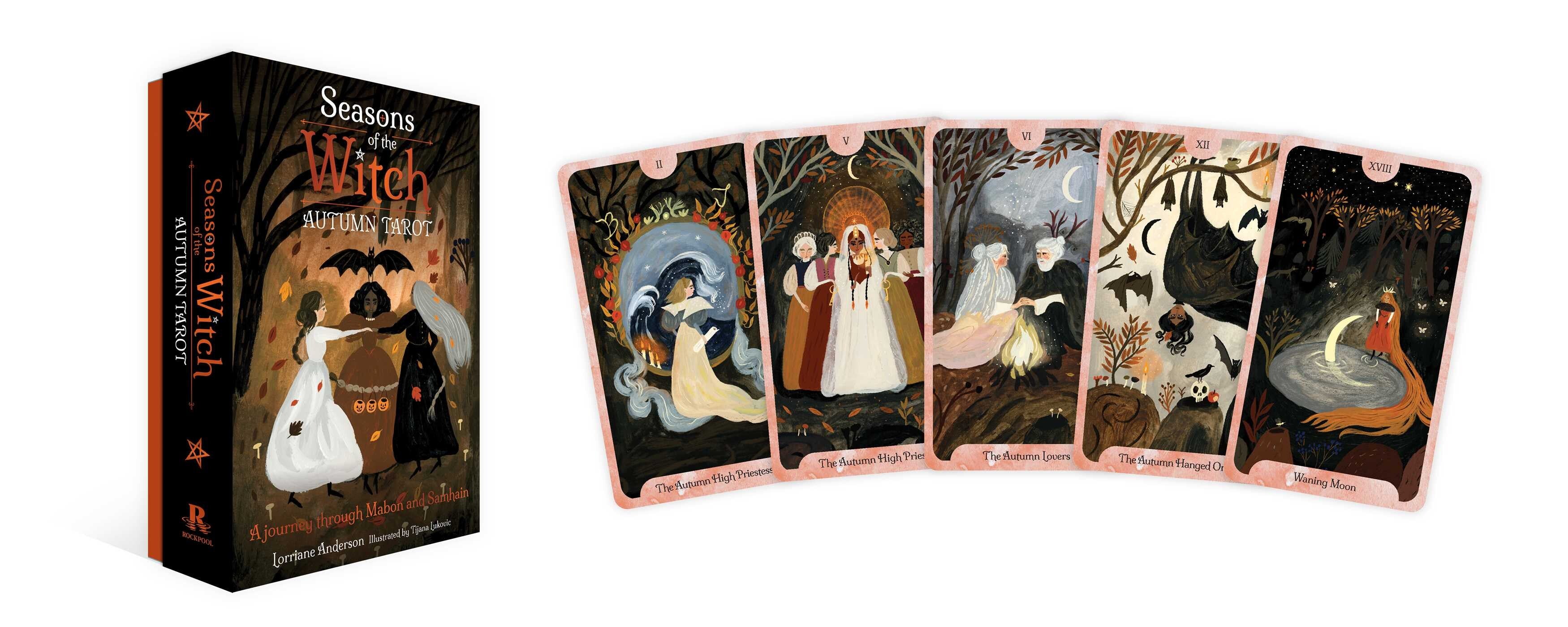 The 'Seasons of the Witch' tarot deck box and five illustrated cards displayed side-by-side on a clean white background.