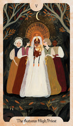 A tarot-style art print titled 'The Autumn High Priest' showing a group of priests in robes under a crescent moon and tree canopy, with the Roman numeral V at the top.