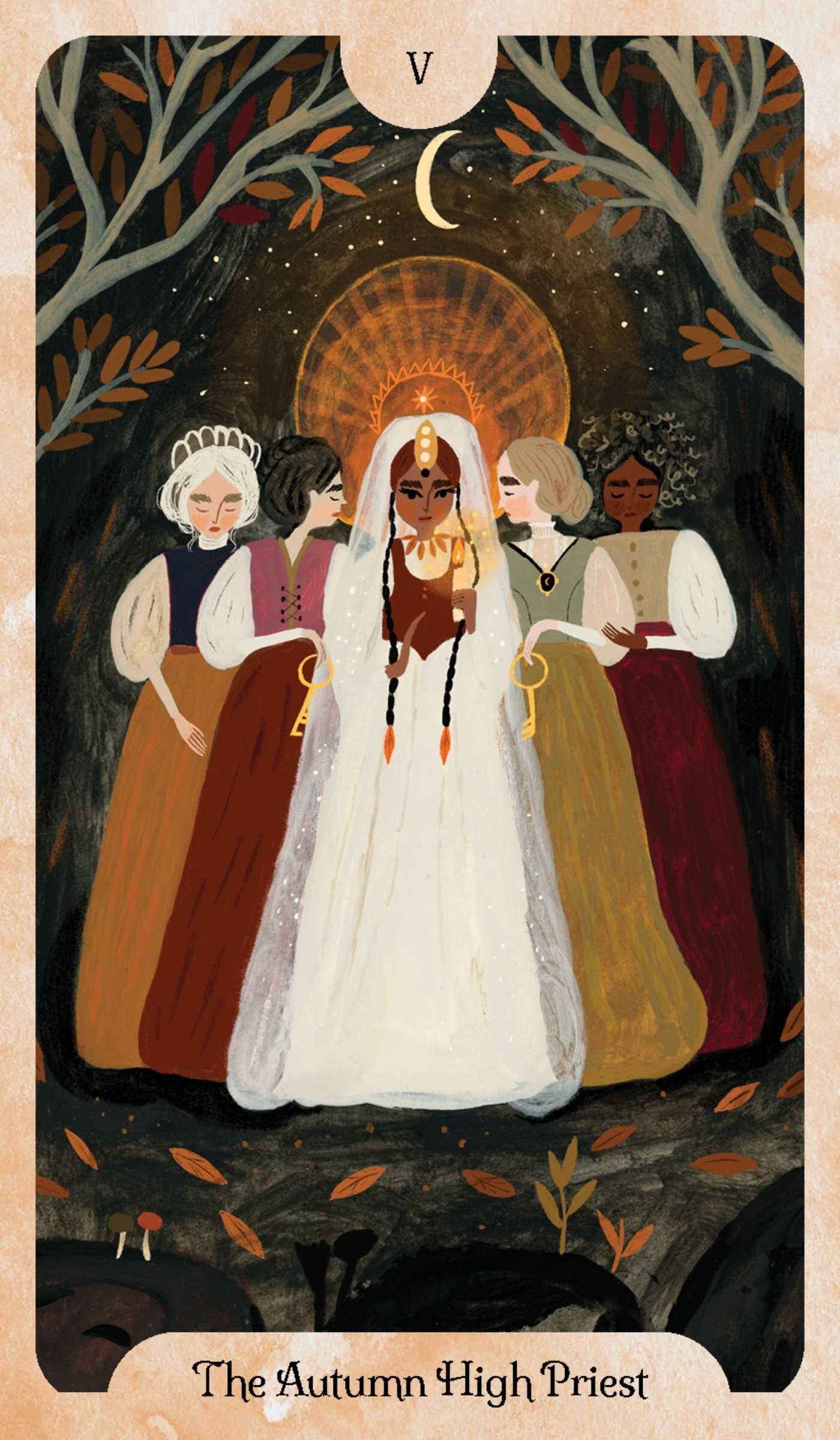 A tarot-style art print titled 'The Autumn High Priest' showing a group of priests in robes under a crescent moon and tree canopy, with the Roman numeral V at the top.