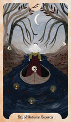 Card from a tarot deck featuring a person in a boat with candles and skulls, surrounded by trees and a moon.