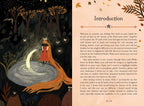 Illustration of a person with long orange hair standing on a moonlit path in a forest, with text on the right side.