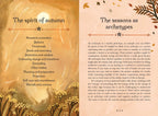 An open book spread titled 'The spirit of autumn' with warm golden and tan pages, autumn leaves along the top edges, and a list of archetypes on the left page and a text section on the right page.