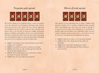 An open booklet or prayer card spread showing two printed pages with text about spiritual reflection and small printed images of figures and objects. The pages are warm beige/peach with black text and small colored illustrations.