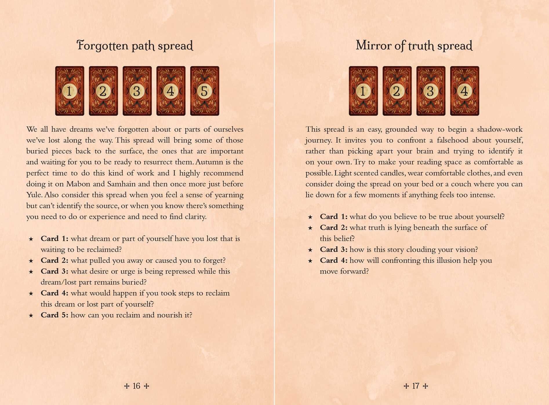 An open booklet or prayer card spread showing two printed pages with text about spiritual reflection and small printed images of figures and objects. The pages are warm beige/peach with black text and small colored illustrations.