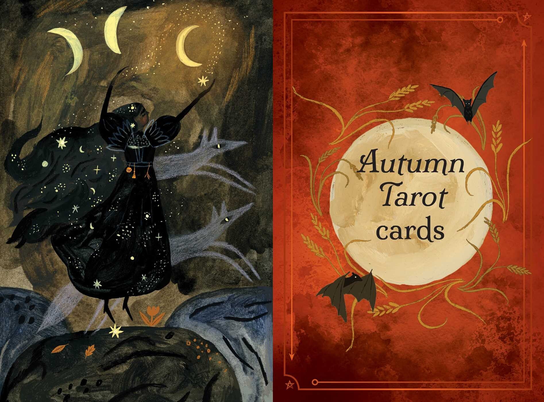 A split presentation of the 'Autumn Tarot cards' deck, featuring an artistic illustration on the left of a cloaked figure under crescent moons, and the red textured card cover on the right with the title 'Autumn Tarot cards' in a cream circle.