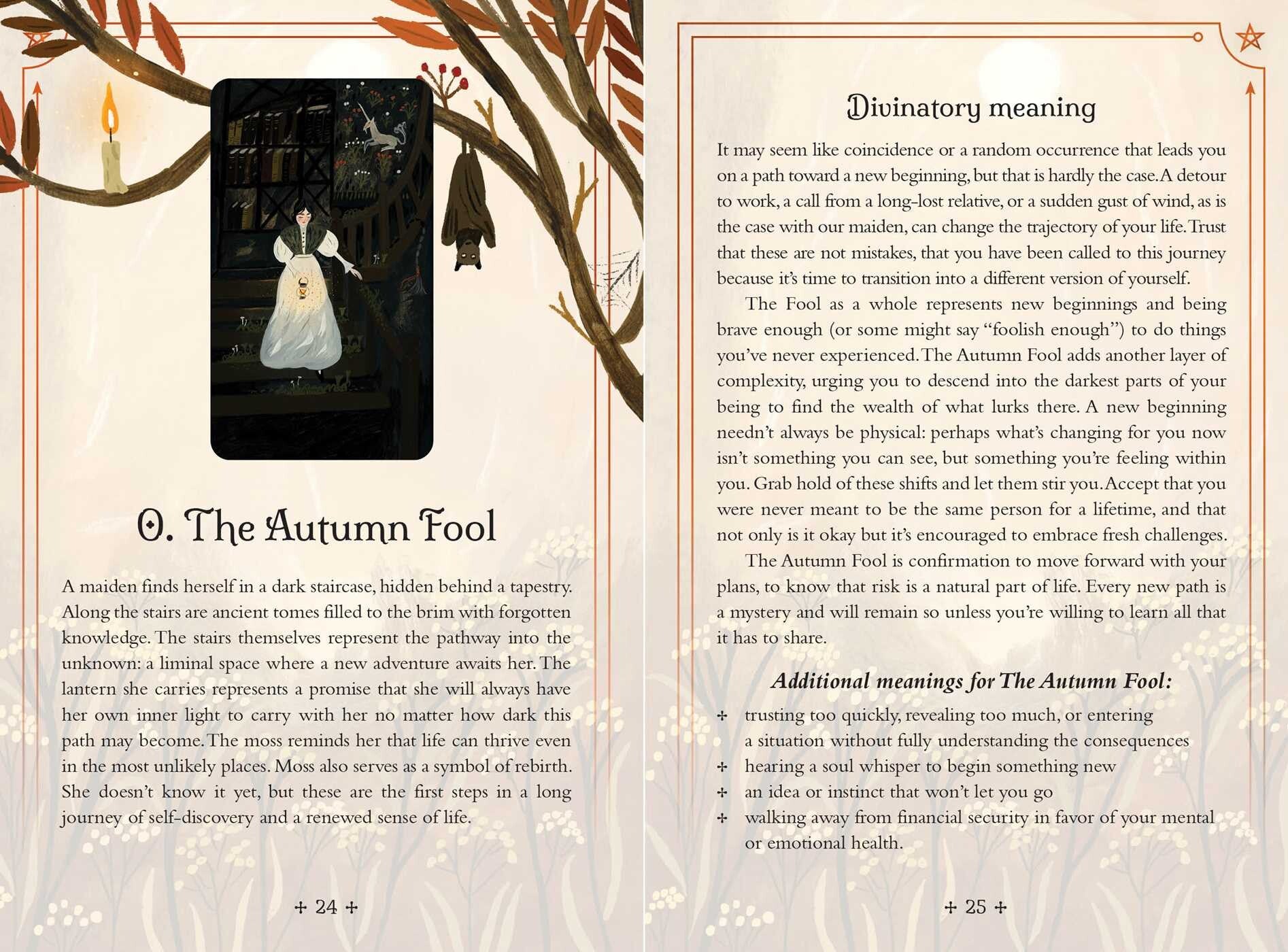 A printed booklet or book spread with two illustrated panels on the left and columns of text on the right, titled 'Diviner meaning' and 'The Autumn Fool,' on a beige background with decorative border details.