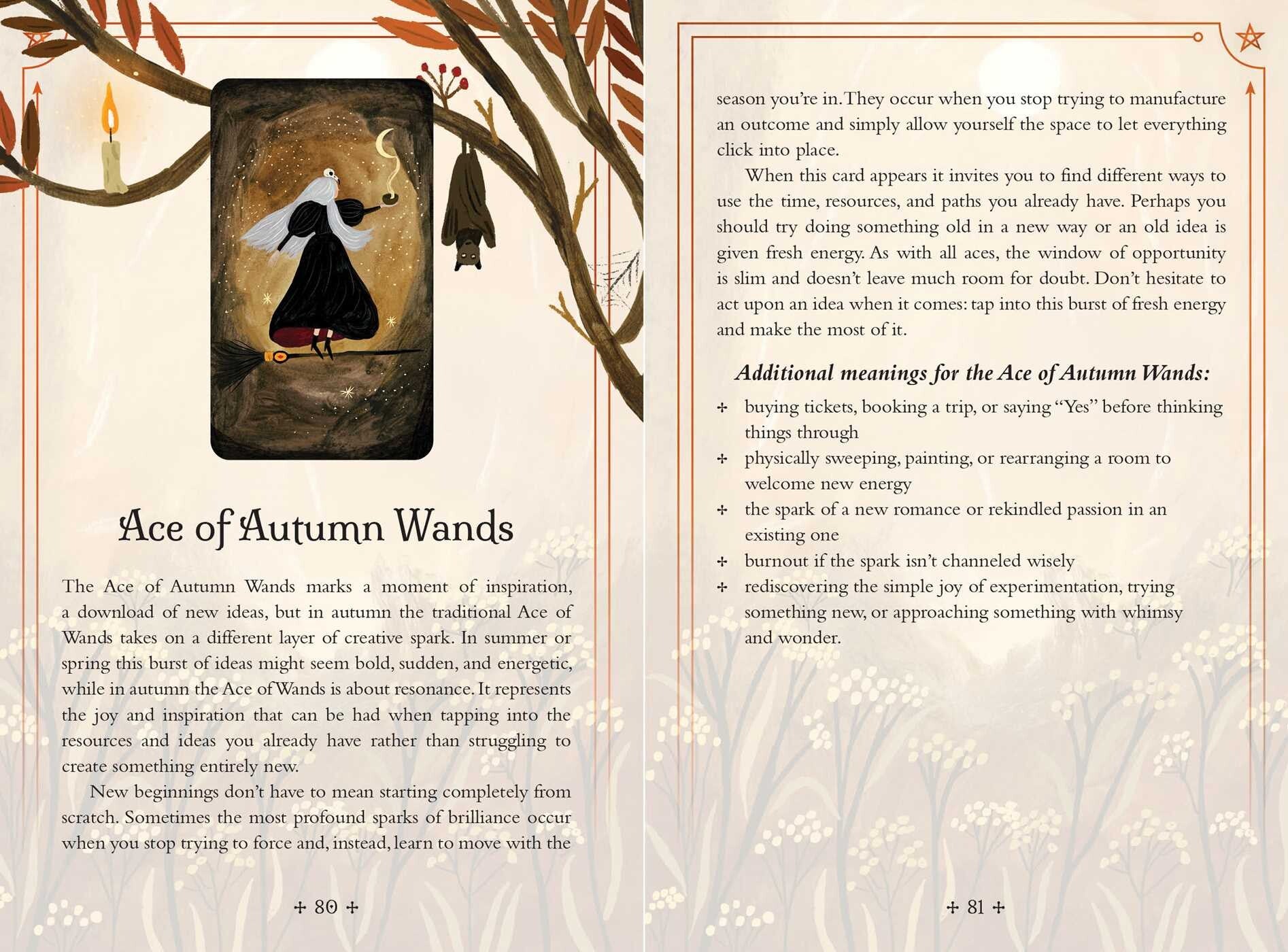 A printed card or booklet page with illustrated and text-based guidance titled 'Ace of Autumn Wands,' showing a small wand illustration on the left and columns of descriptive text on the right.