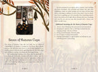 A printed page from a book or booklet featuring a decorative illustration of a woman in a white dress standing in a garden with autumn leaves, alongside columns of text titled 'Seven of Autumn Cups' and explanatory copy about the Seven of Autumn Cups.