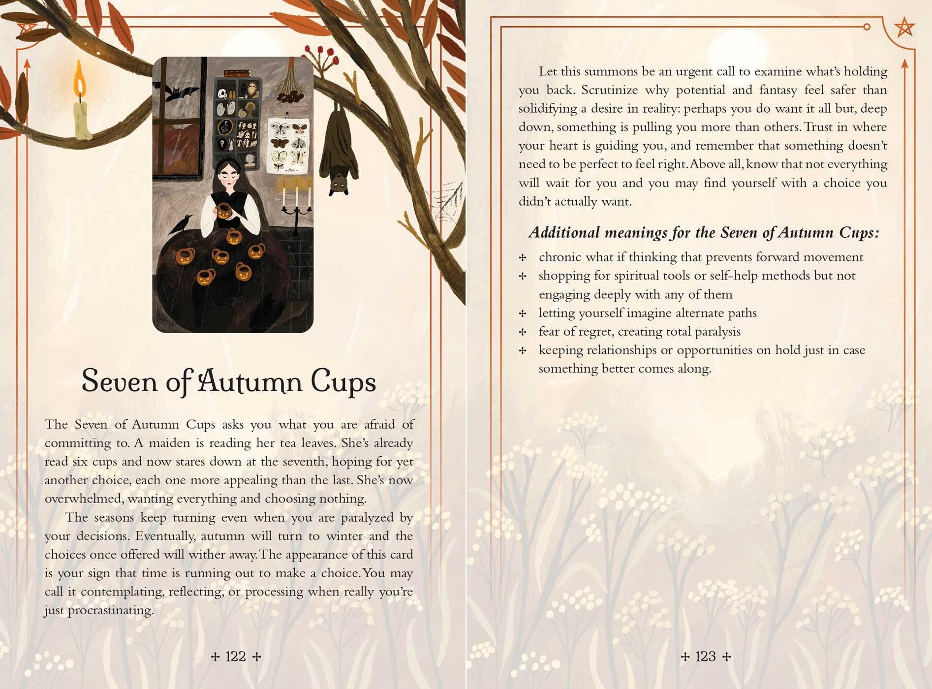A printed page from a book or booklet featuring a decorative illustration of a woman in a white dress standing in a garden with autumn leaves, alongside columns of text titled 'Seven of Autumn Cups' and explanatory copy about the Seven of Autumn Cups.